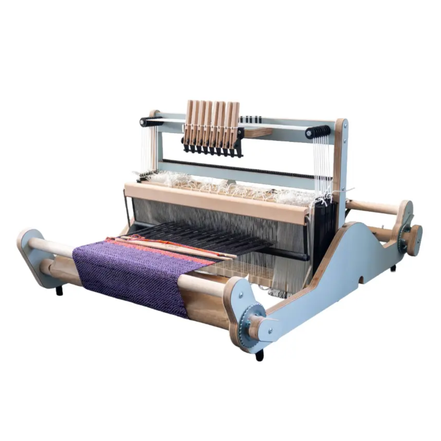 Revolution Fibers Louet Harmony 50-8 Table Loom in Light Blue with 20 inch weaving width, 8 shafts, and floating beater.