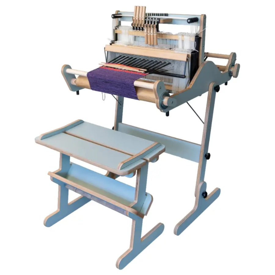 Revolution Fibers Louet Harmony Table Loom Complete Set in Terracotta with 8-shaft loom, matching floor stand, weaving bench, and floating beater.