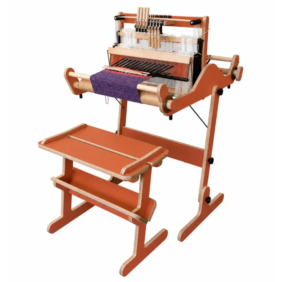 Revolution Fibers Louet Harmony Table Loom Complete Set in Light Blue with 8-shaft loom, matching floor stand, weaving bench, and floating beater.