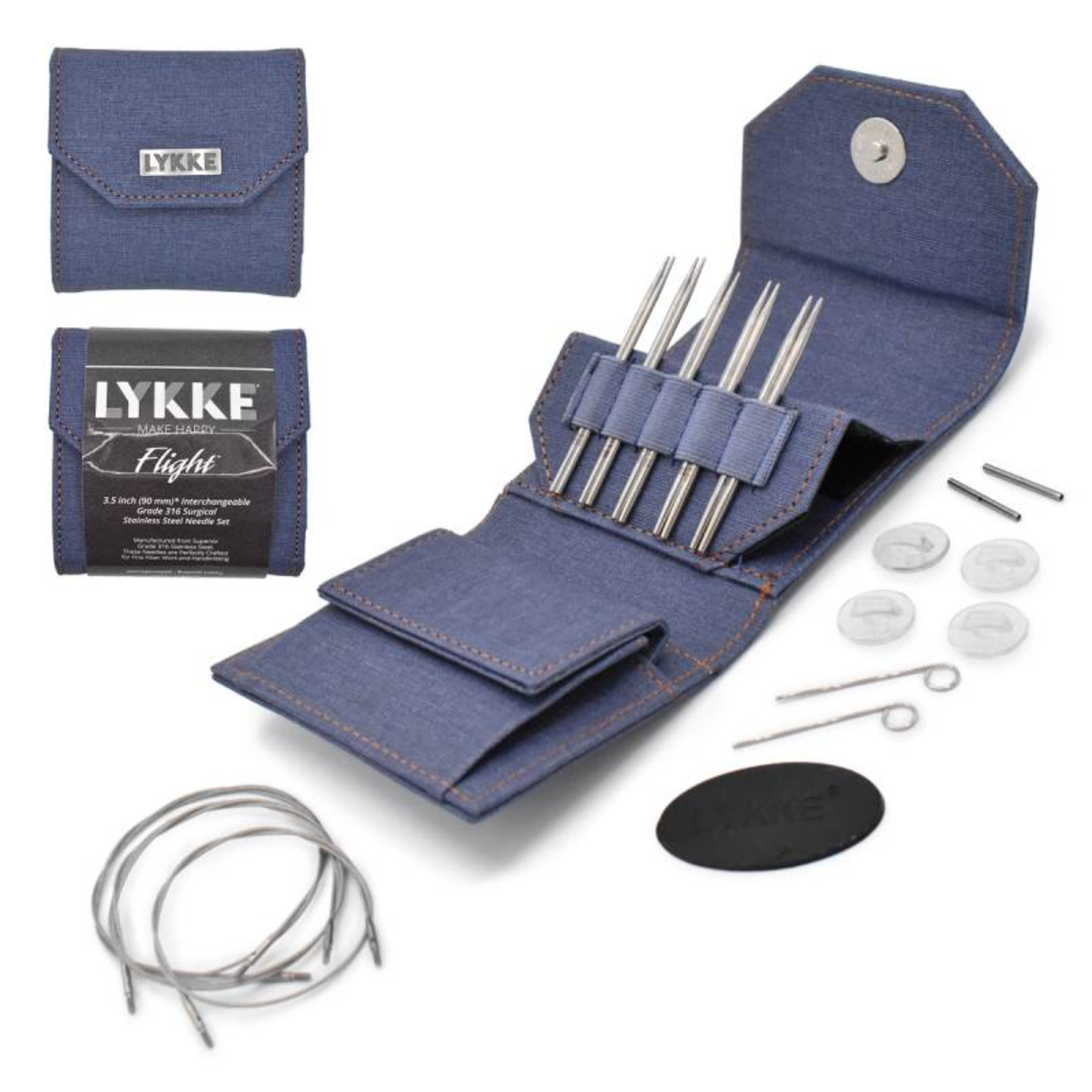 Revolution Fibers Lykke Flight 3.5" Mini interchangeable knitting needle set in denim case, open to display short stainless steel tips, mini cables and end stoppers for 16–24 inch circular knitting on a white background.