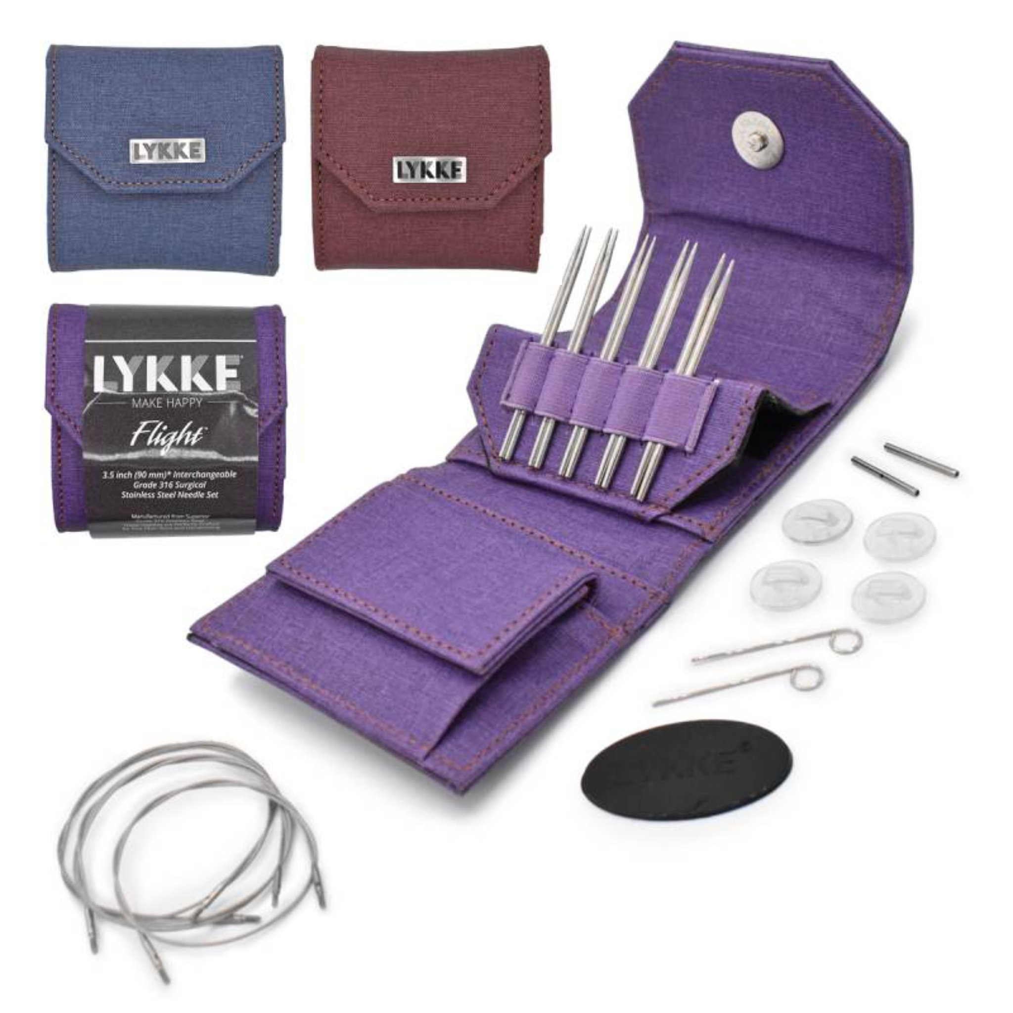 Group image of Revolution Fibers Lykke Flight 3.5" Mini interchangeable stainless steel knitting needle sets showing denim, maroon and purple cases with short tips, mini cords and accessories on a white background.