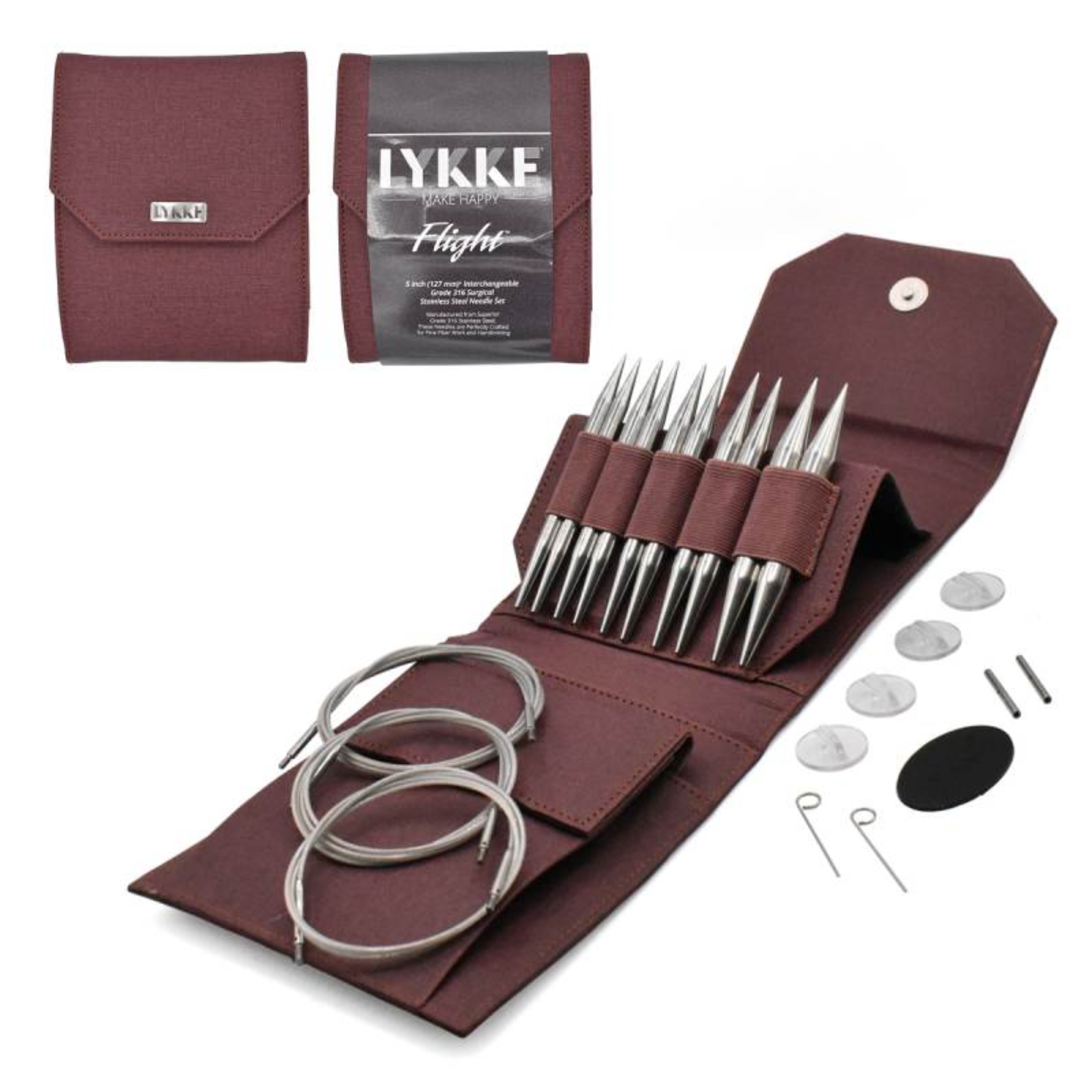 Revolution Fibers Lykke Flight 5" Bulky interchangeable stainless steel knitting needle set with maroon case, 5" tips in US 10.75–17, braided cords and accessories arranged for heavy-gauge knitting on a white background.