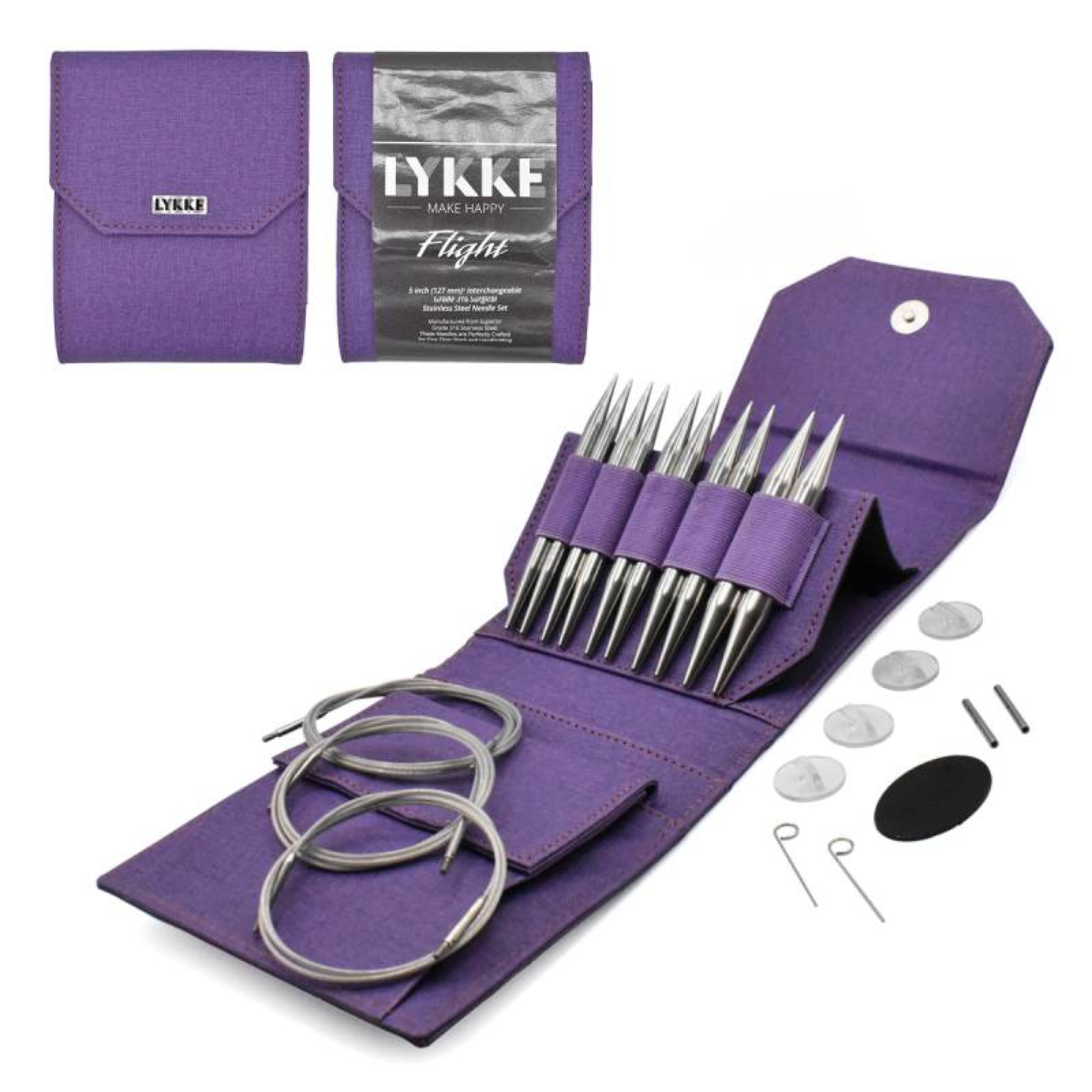 Revolution Fibers Lykke Flight 5" Bulky interchangeable knitting needle set in purple case, open to show large stainless steel tips, extra-long cords and tools ideal for chunky throws and oversize garments on a white background.