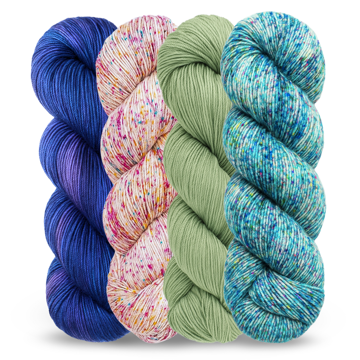 4 vibrant skeins of hand-dyed revolution fibers malabrigo superwash merino sock yarn in whales road, disfraz, jasmine, and parade. 