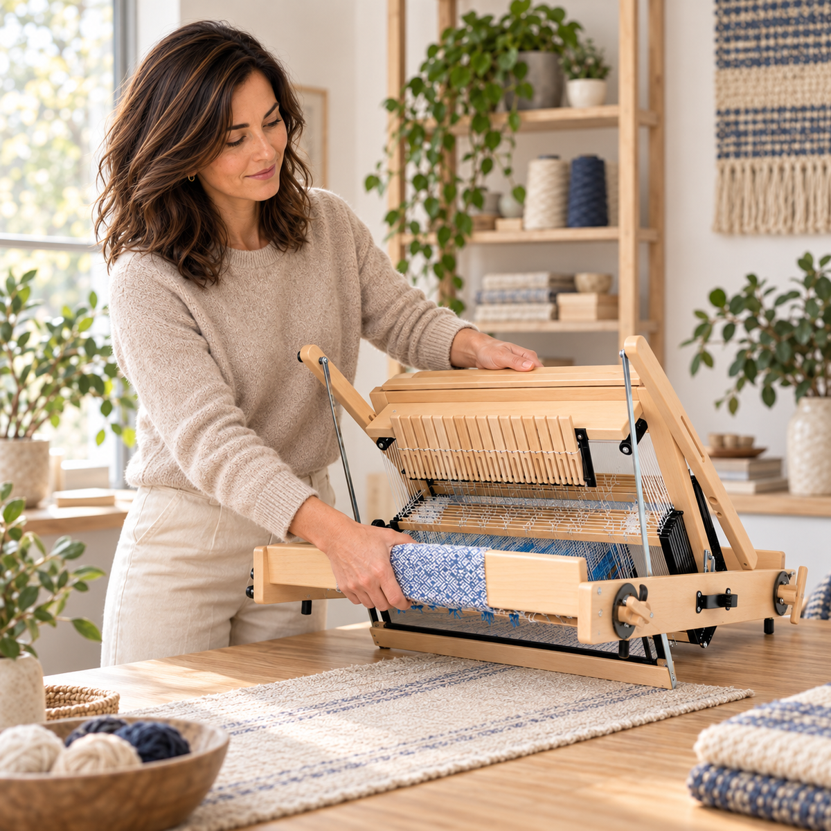 The foldable louet jane table loom being folded with project still warped.