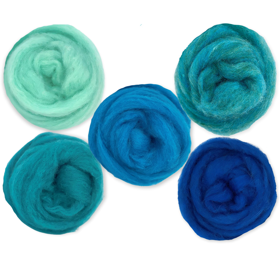 Revolution Fibers Ocean Blues Carded Corriedale Wool Sliver Variety Pack showing all five wool colorways—Aqua, Bubblegum, Cerulean, Fusion, and Mediterranean—in a circular arrangement. Premium felting, spinning, and weaving fiber.