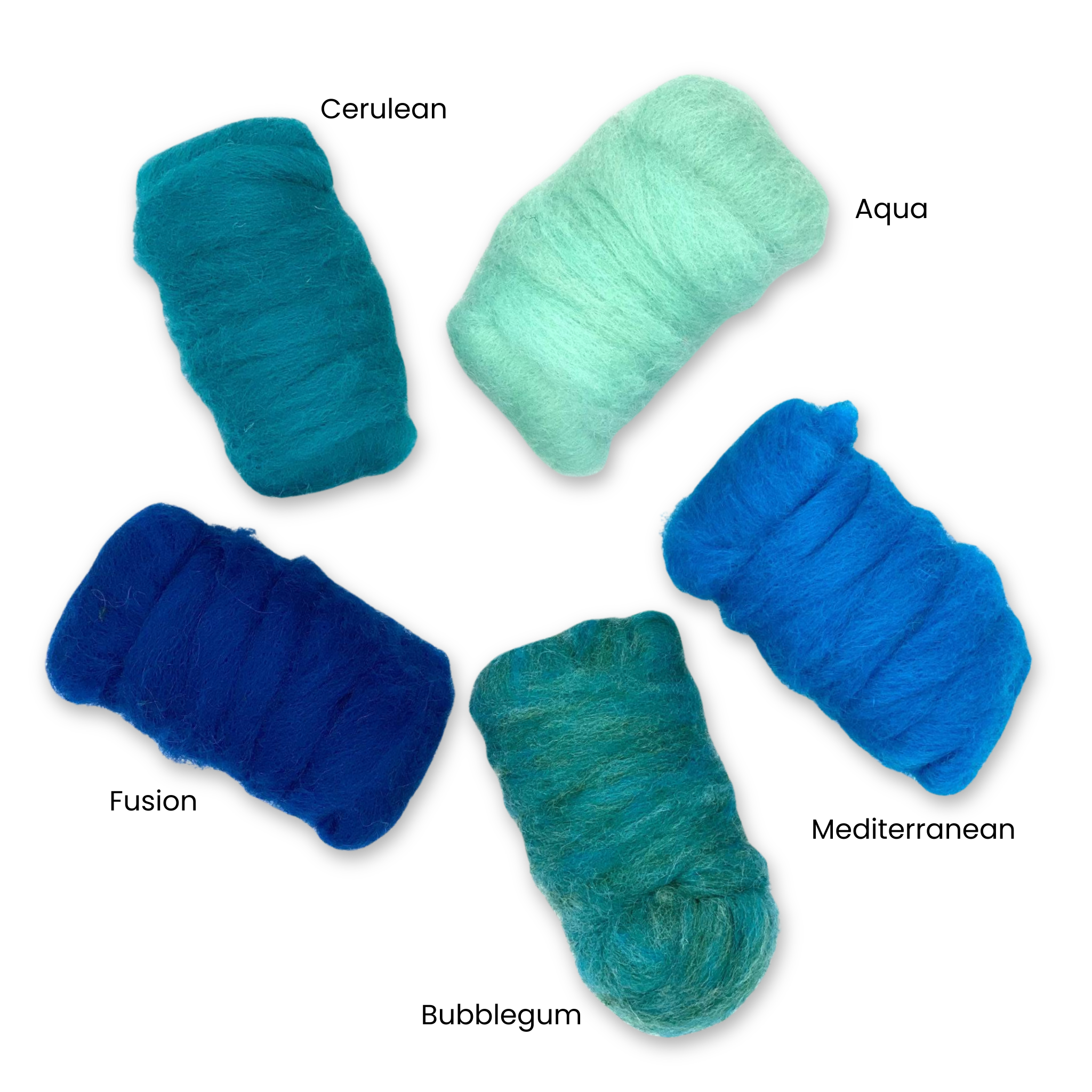 Labeled close-up image of Revolution Fibers Ocean Blues Corriedale Wool Sliver Variety Pack, featuring Aqua, Bubblegum, Cerulean, Fusion, and Mediterranean, ideal for ocean-themed felting and spinning.
