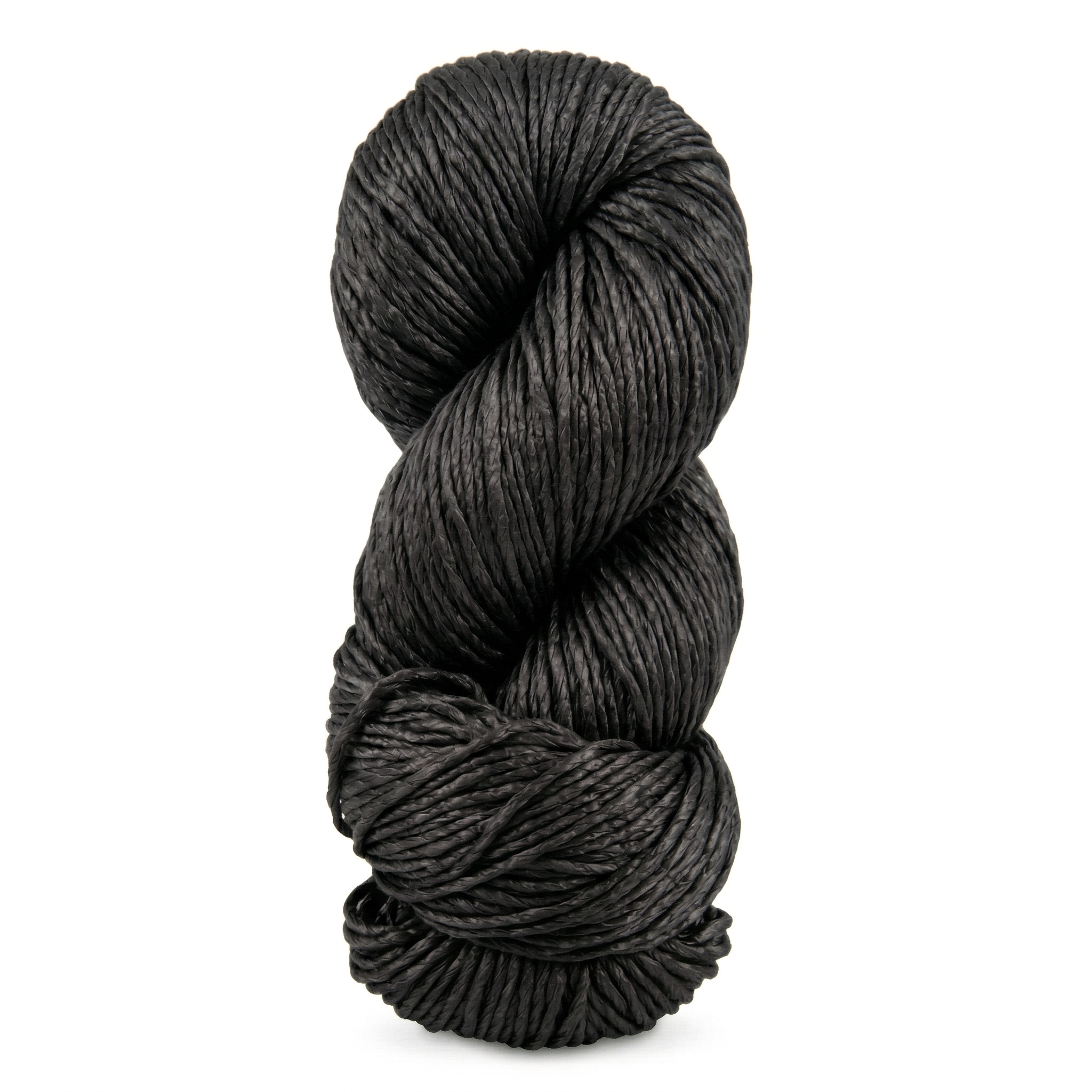 Revolution Fibers Regal Mulberry Silk Yarn in Midnight Black, photographed to highlight the dark silk color, subtle sheen, and smooth spun singles structure.