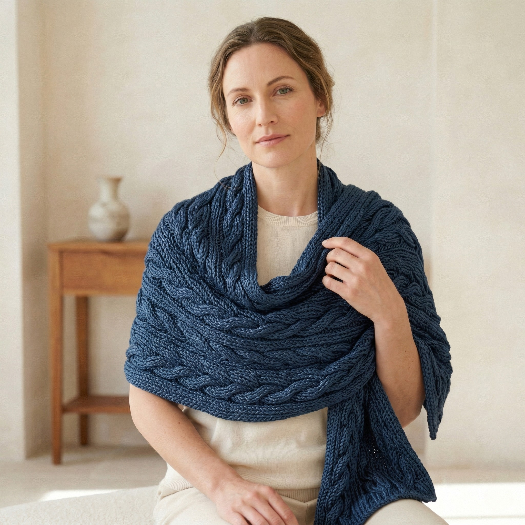 Woman wearing a knitted wrap made with Revolution Fibers Regal Mulberry Silk Yarn in Olympic Blue in a calm, softly lit interior.