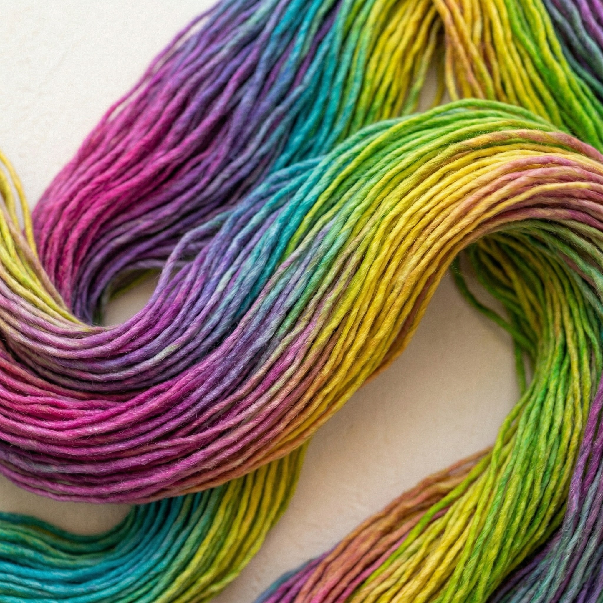 Close-up macro view of Revolution Fibers Regal Mulberry Silk Yarn in Unicorn, highlighting the spun singles texture, soft sheen, and hand-dyed color transitions.