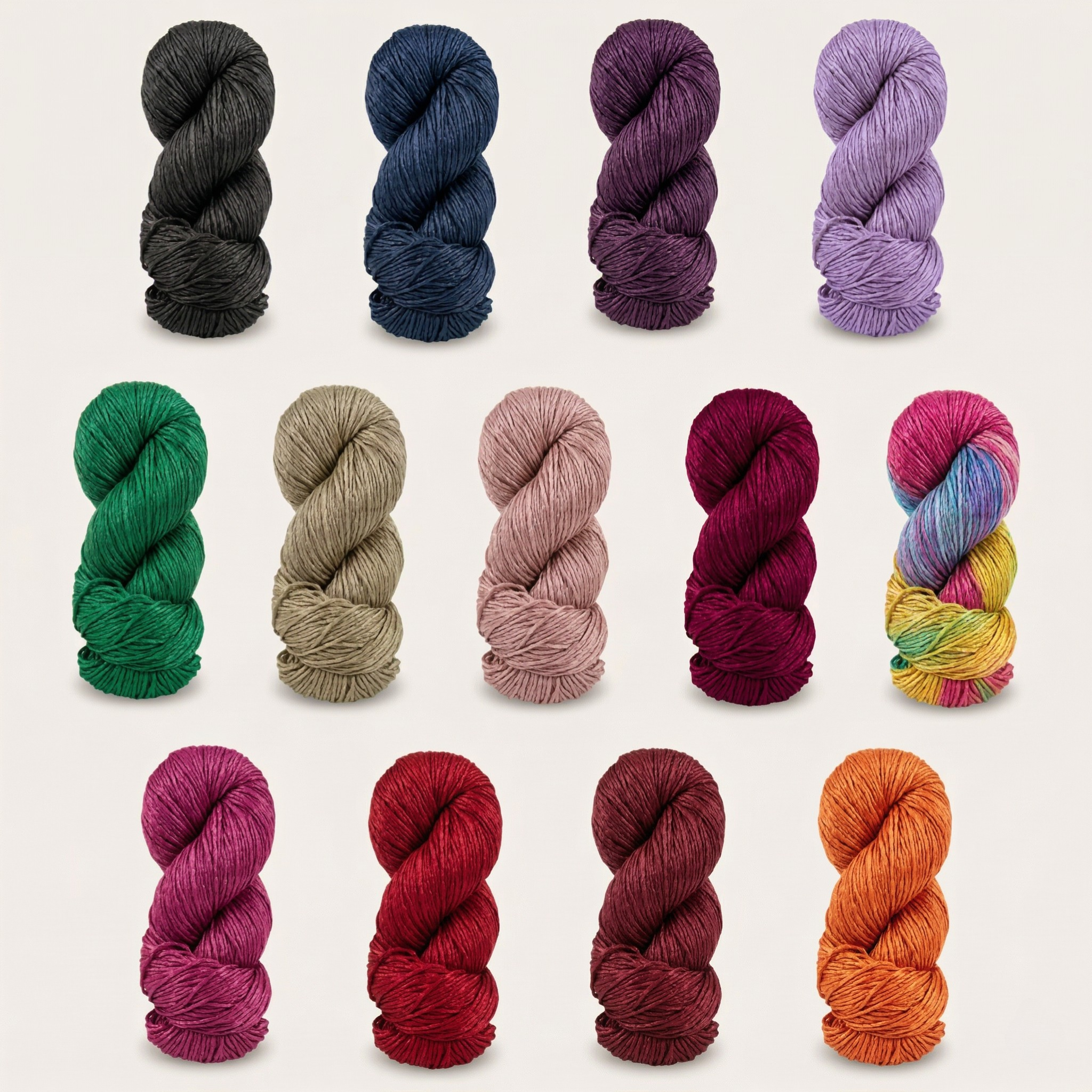 Revolution Fibers Regal Mulberry Silk Yarn color lineup shown in a premium grouped product image featuring all available worsted weight silk colorways.