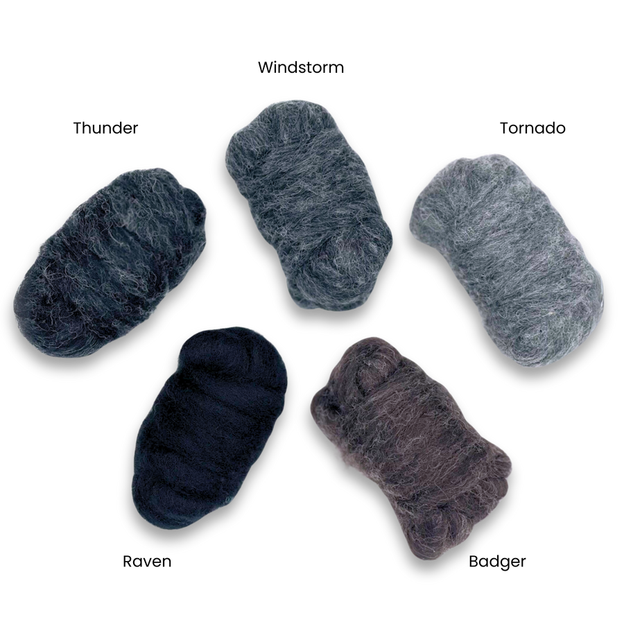 Revolution Fibers Shadowlands Carded Corriedale Wool Sliver Variety Pack – bundled group image of all five felting and spinning wool fiber colorways.