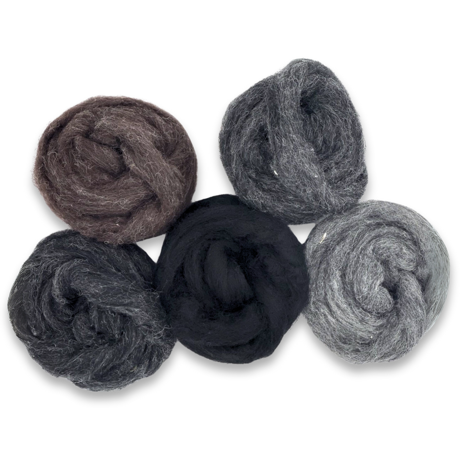 Revolution Fibers Shadowlands Carded Corriedale Wool Sliver Variety Pack – group image of five premium felting and spinning fiber rolls in moody dark tones.