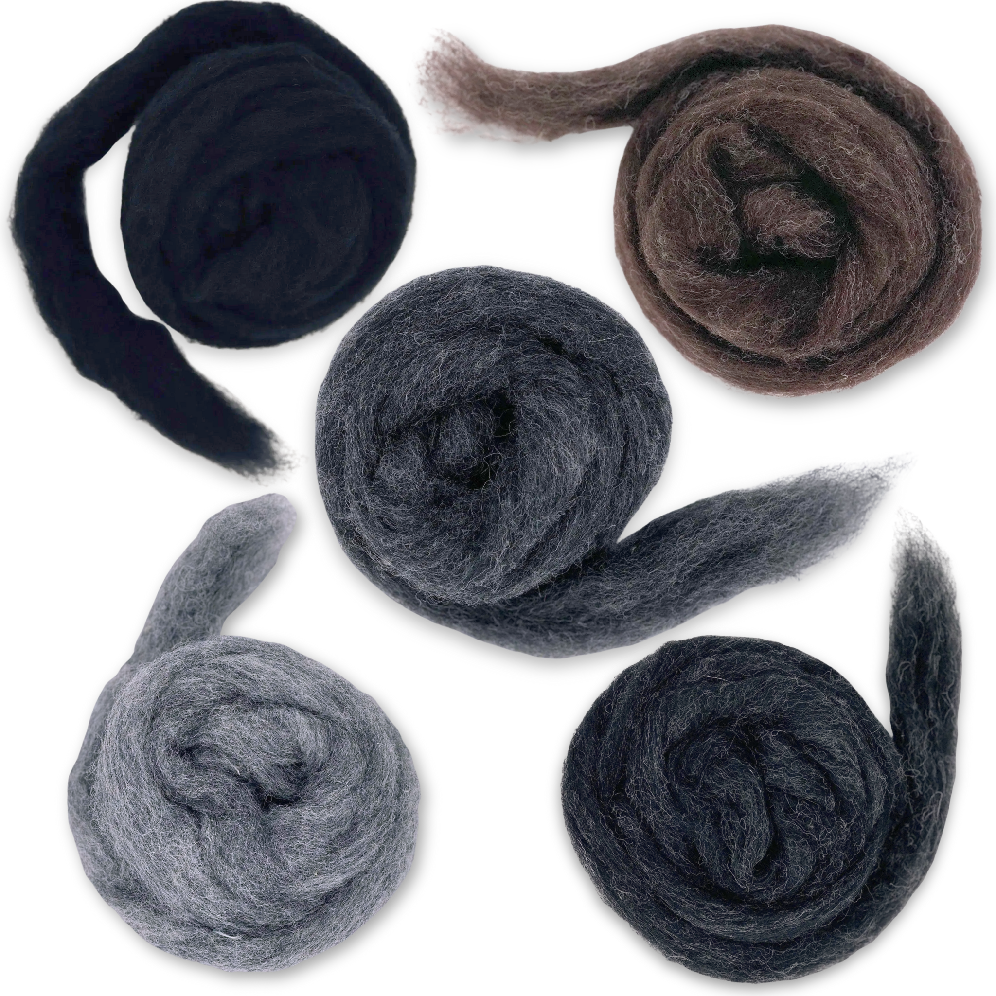 Revolution Fibers Shadowlands Carded Corriedale Wool Sliver Variety Pack – unrolled view of all five moody colorways, premium fiber for felting, spinning, and weaving.