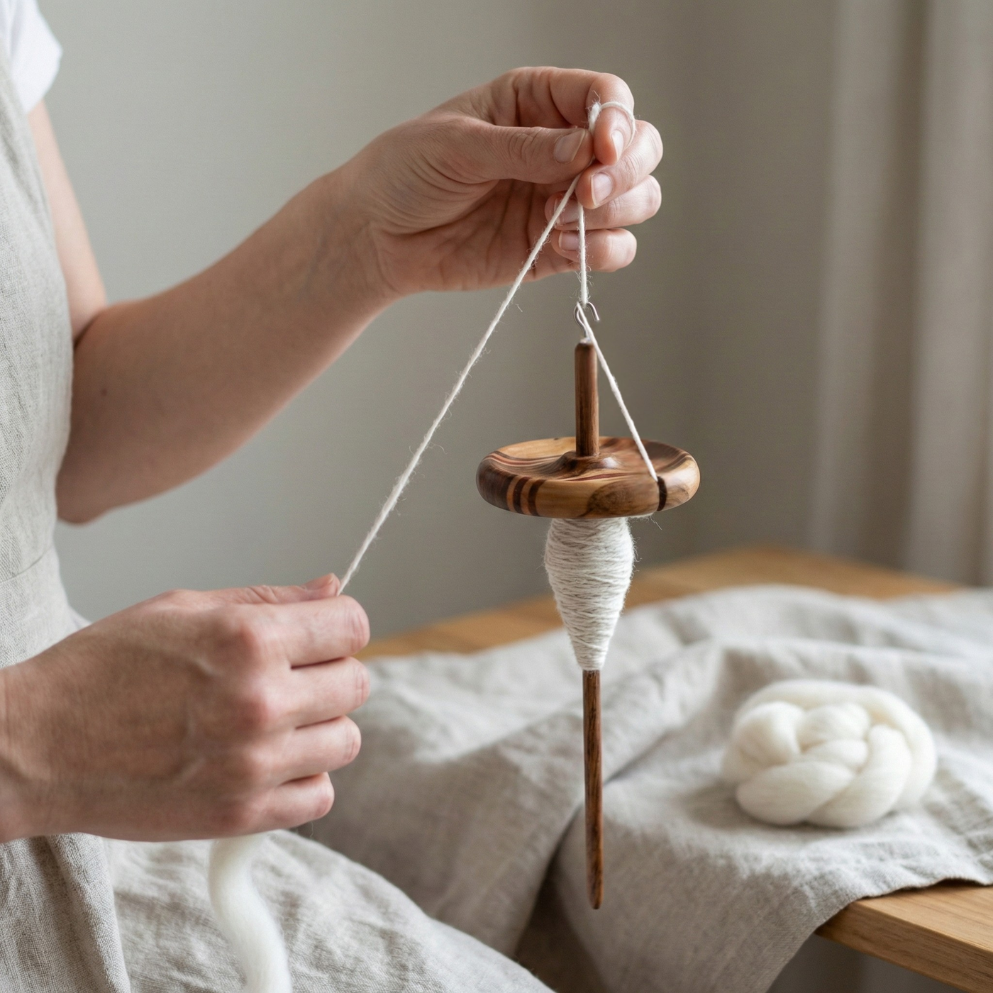 Hands drafting undyed fiber while spinning on a top whorl drop spindle, showing beginners how singles form and wind onto the shaft.