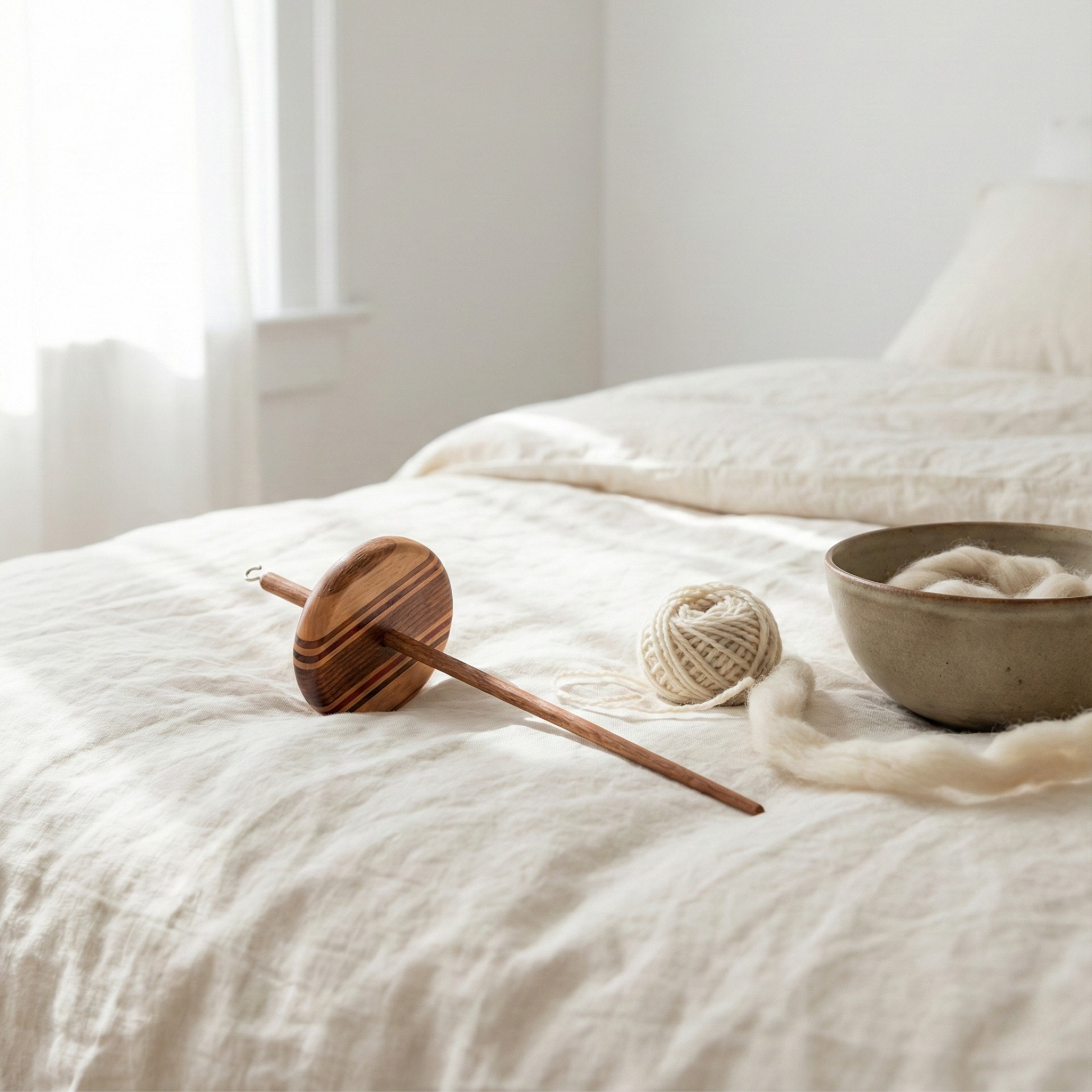 Revolution Fibers top whorl drop spindle styled with undyed roving and spinning supplies on neutral linen bedding, airy daylight scene.