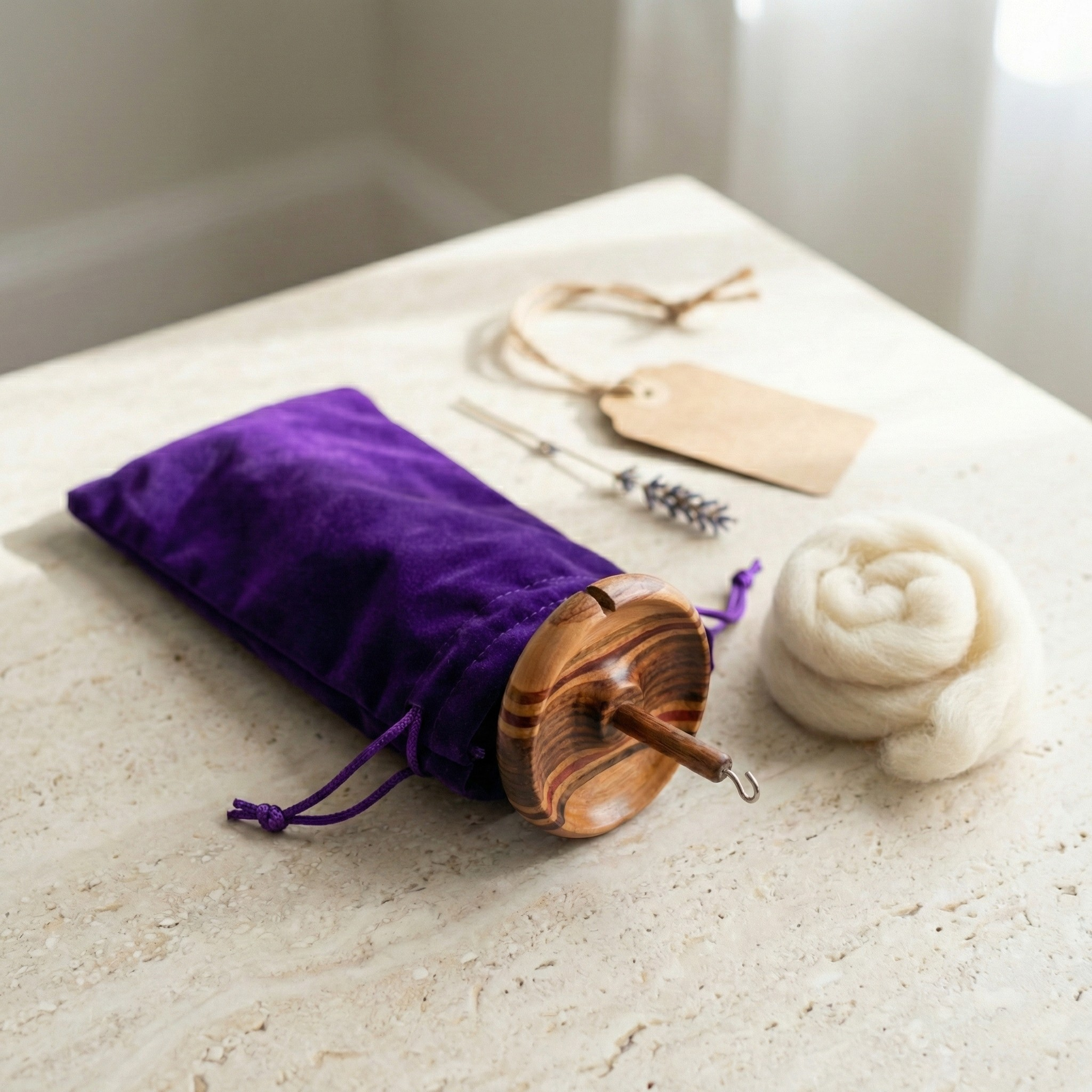 Flat lay of top whorl drop spindle with purple velvet case, undyed wool roving, and a yarn cake on a light stone tabletop.