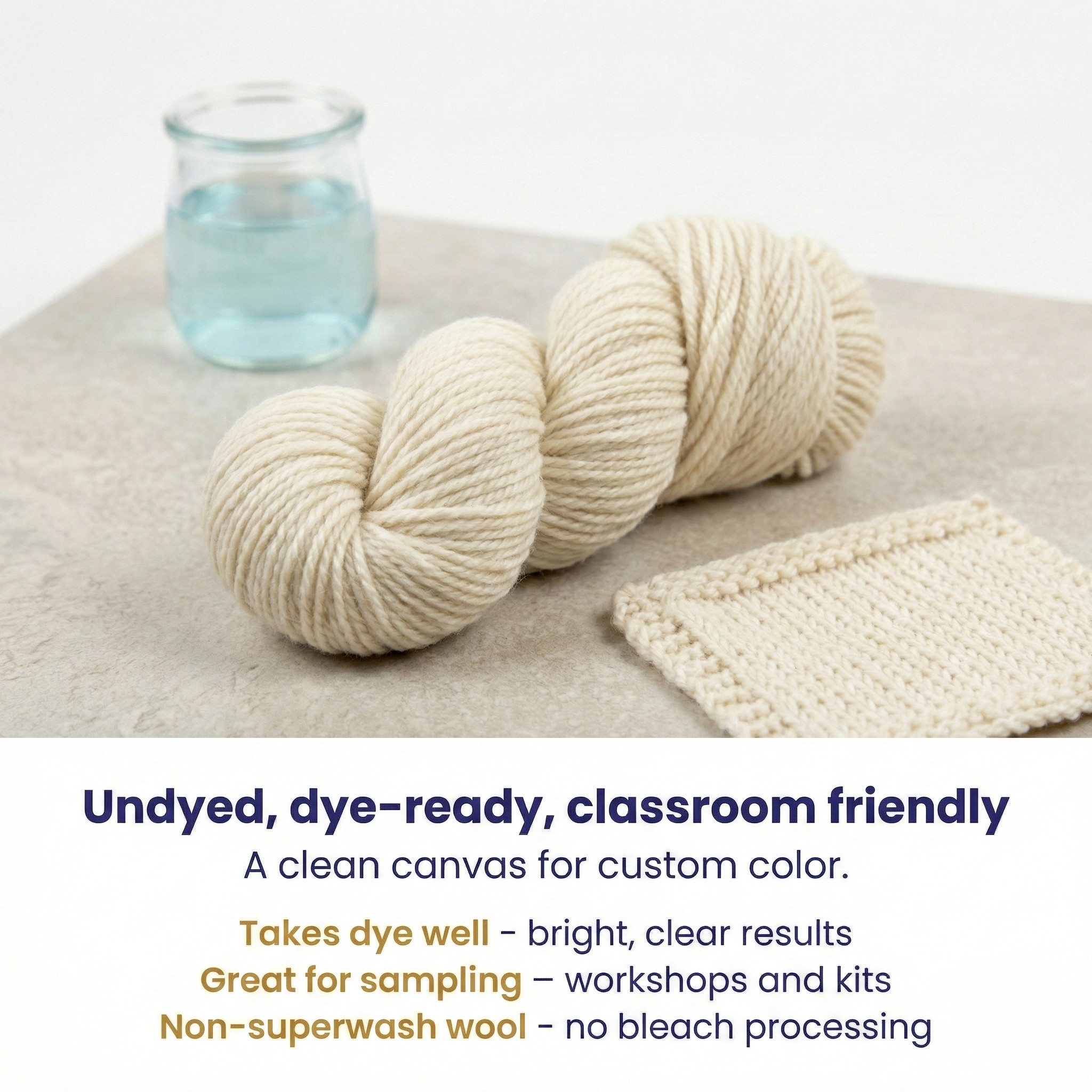 Undyed dye-ready Blue Faced Leicester worsted yarn infographic with two skeins, a knit swatch, and maker-friendly care notes.