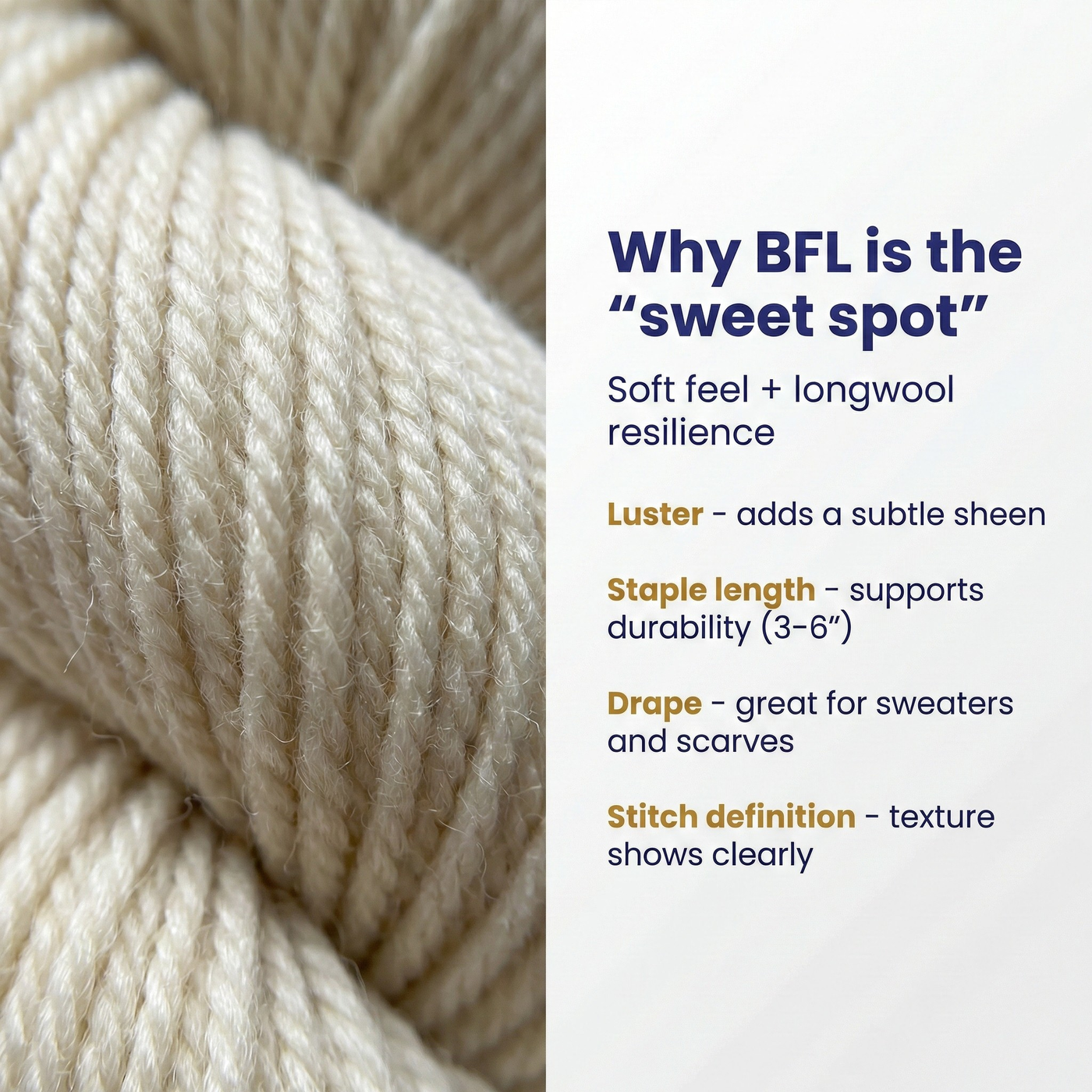 Infographic explaining why Blue Faced Leicester is a “sweet spot” wool, paired with a macro texture close-up of undyed yarn.