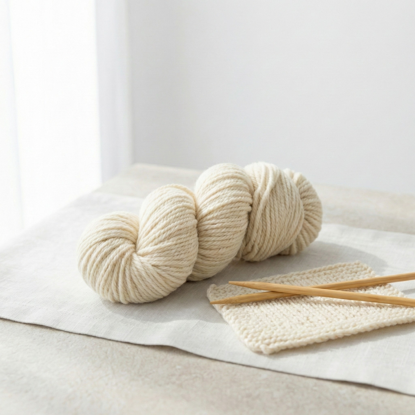 Two undyed Blue Faced Leicester worsted yarn skeins styled with knitting needles and a neutral swatch in bright windowlight.