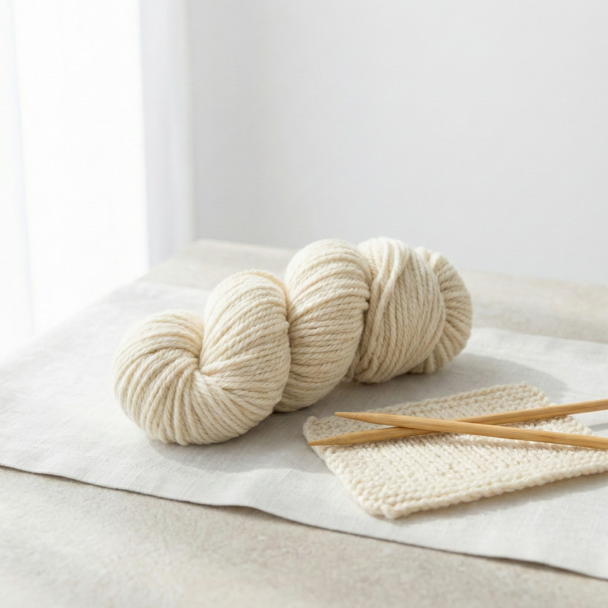 Two undyed Blue Faced Leicester worsted yarn skeins styled with knitting needles and a neutral swatch in bright windowlight.