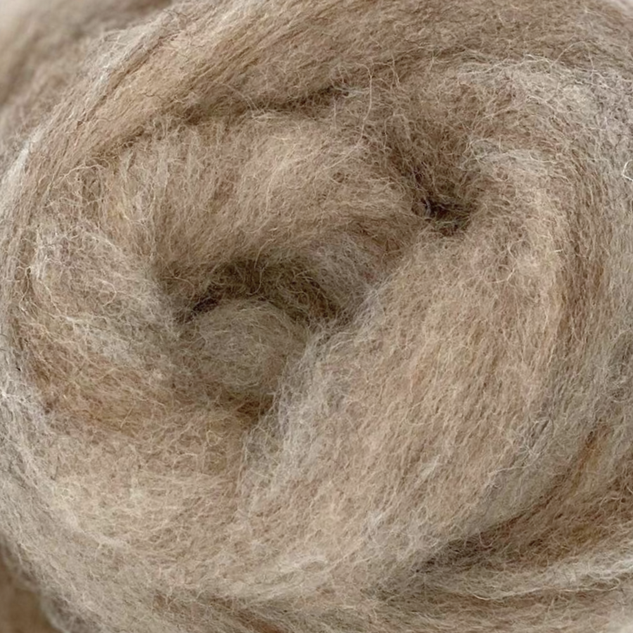 Close-up of Rabbit colorway carded Corriedale wool sliver from the Woodland Neutrals collection by Revolution Fibers.