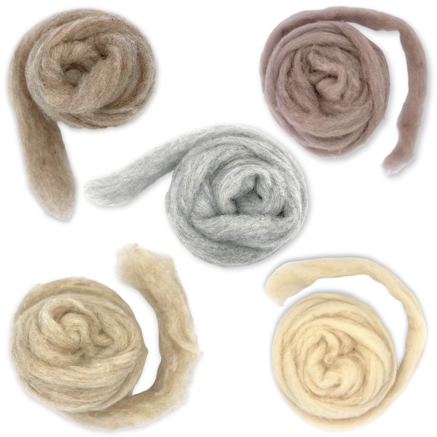 Woodland Neutrals Corriedale wool sliver variety pack from Revolution Fibers, unrolled fibers showing soft earthy tones for felting and fiber arts.