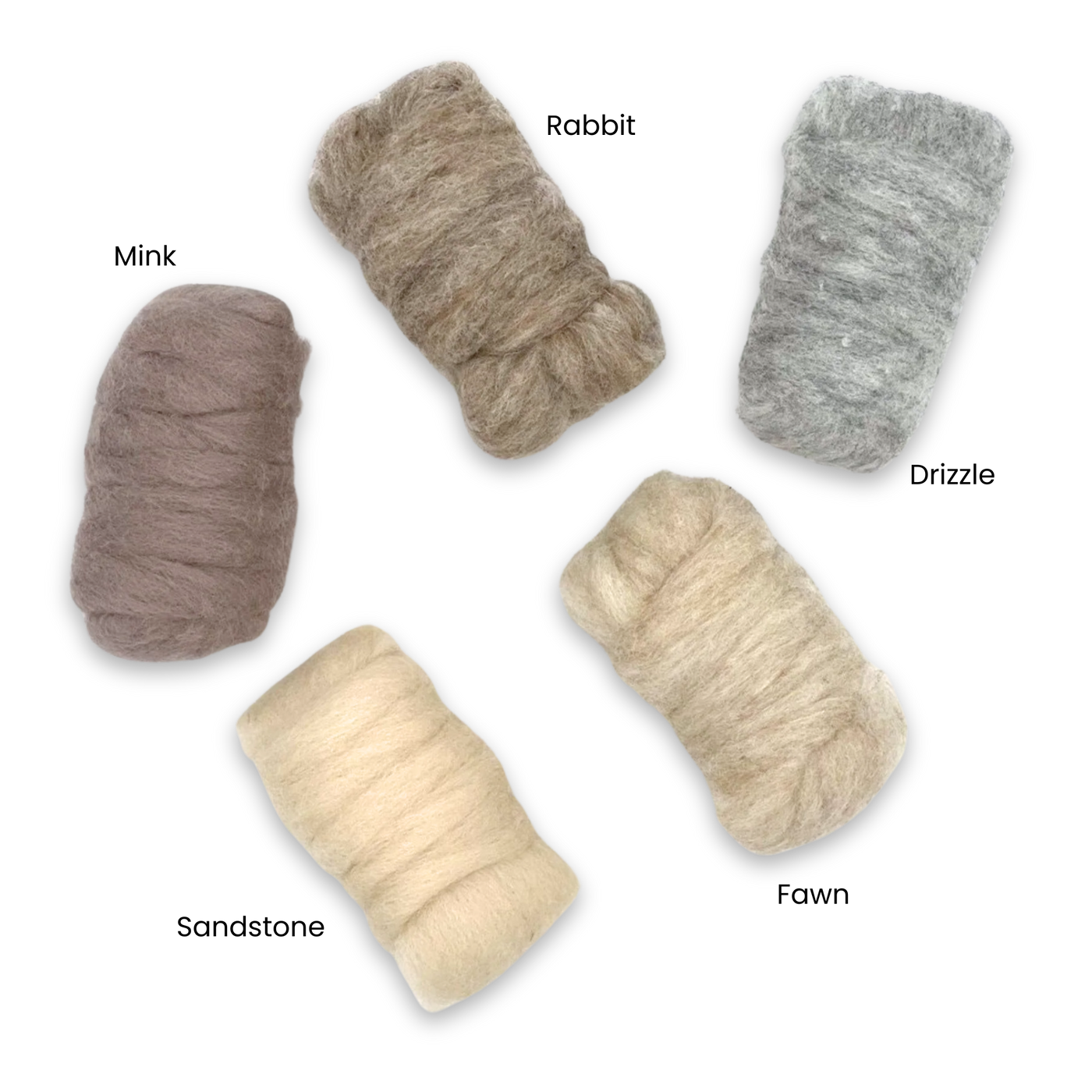 Revolution Fibers Woodland Neutrals Carded Corriedale Wool Sliver Variety Pack featuring labeled colorways Mink, Rabbit, Drizzle, Sandstone, and Fawn.