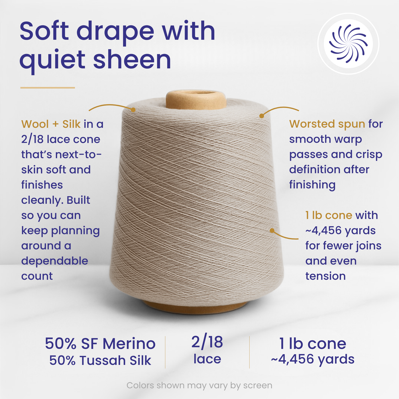 Zephira 2/18 lace wool-silk yarn cone on marble with callouts: worsted spun, 1 lb ~5,040 yards, wool + silk. Headline Soft drape with quiet sheen. Revolution Fibers.