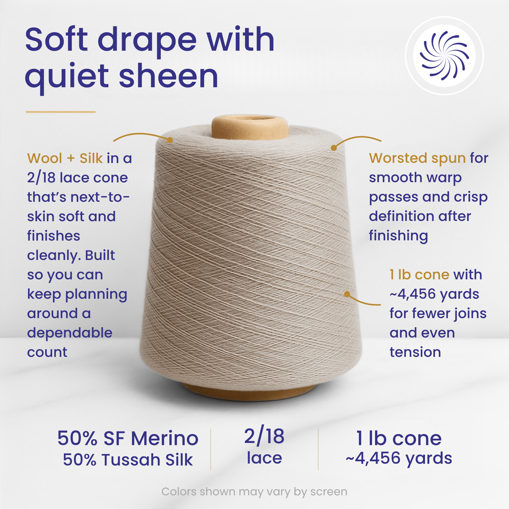 Zephira 2/18 lace wool-silk yarn cone on marble with callouts: worsted spun, 1 lb ~5,040 yards, wool + silk. Headline Soft drape with quiet sheen. Revolution Fibers.