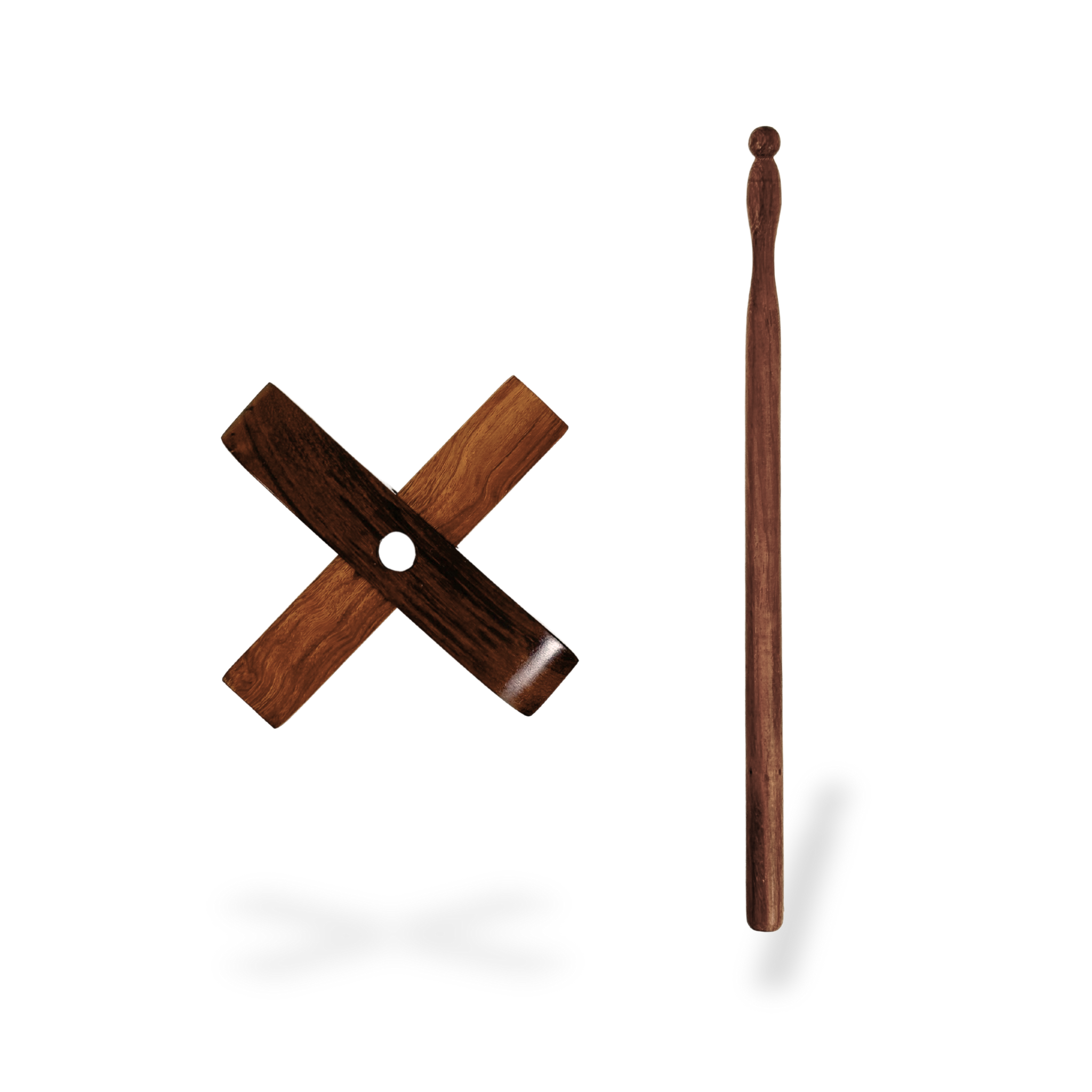 Flat‑lay of spindle cross arms and shaft forming an X, illustrating balanced cross‑arm design and polished hardwood finish.