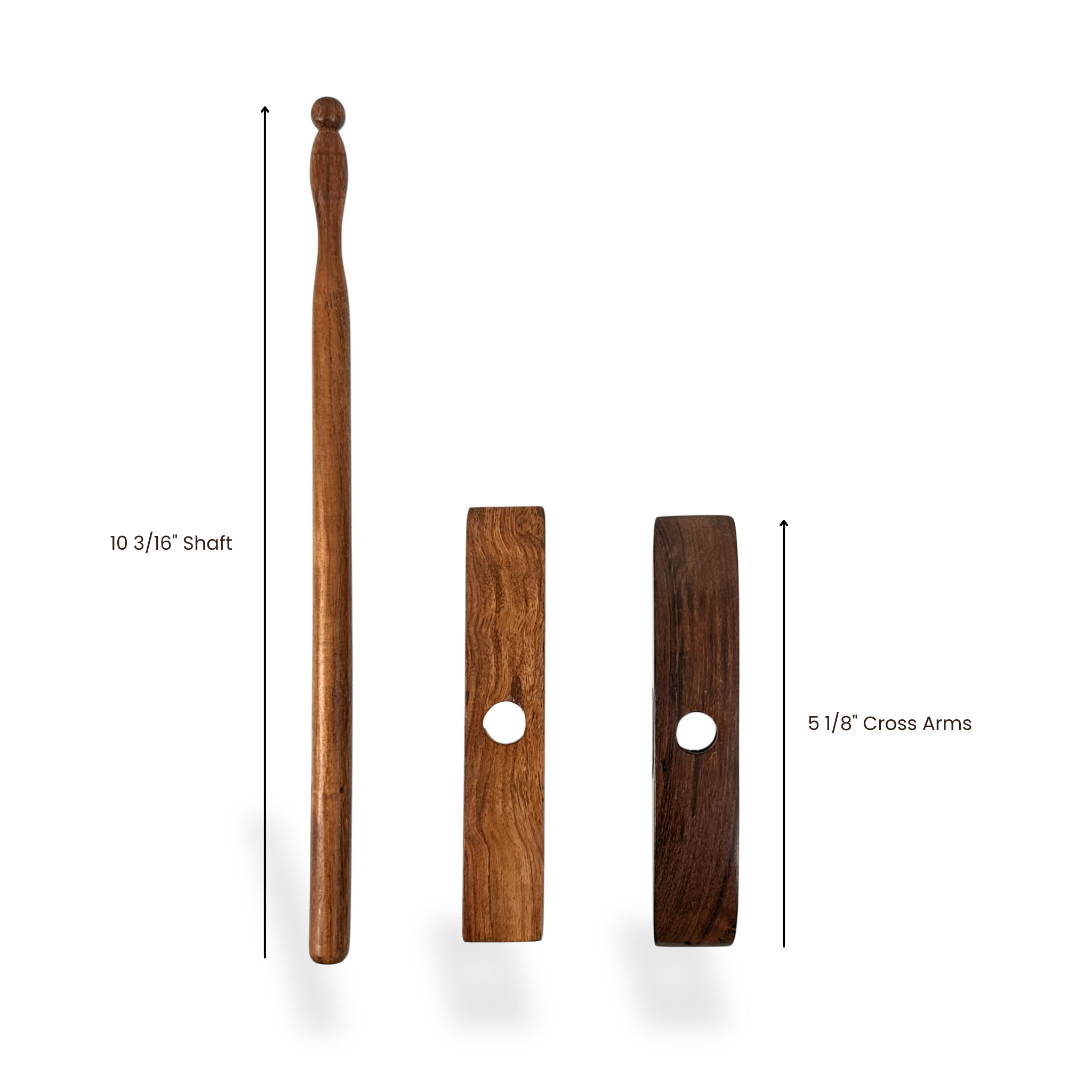 Disassembled Turkish spindle with tapered shaft and two removable cross arms, emphasizing easy assembly and travel‑friendly design.