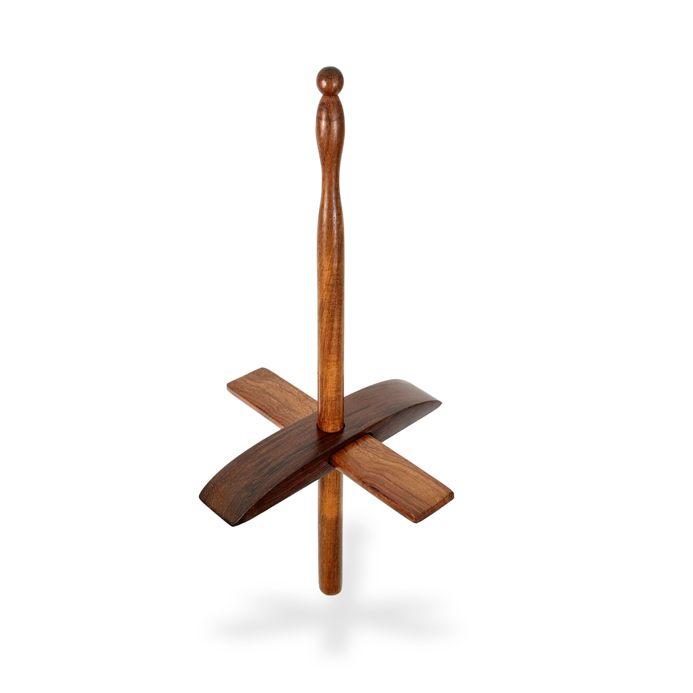 Handcrafted Turkish drop spindle stands upright on a pure‑white background with a soft gray shadow, highlighting rich hardwood grain.
