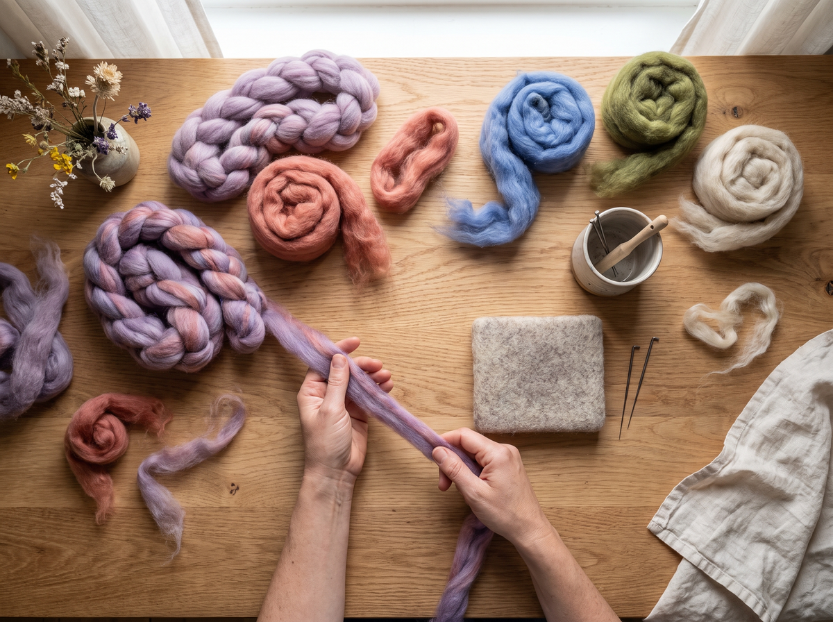 Hands drafting lavender wool roving among colorful spinning fiber, felting needles, and a felting mat.