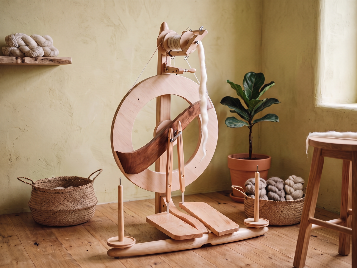Natural-finish Kromski Fantasia spinning wheel with wool roving in a warm, sunlit fiber studio.