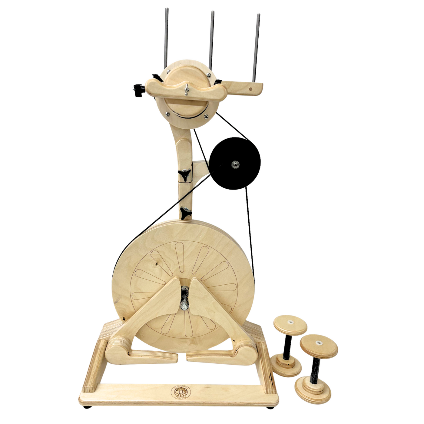 SpinOlution's new 2025 black 3D printed accelerator attached to the pollywog spinning wheel. Wheel sold separately.