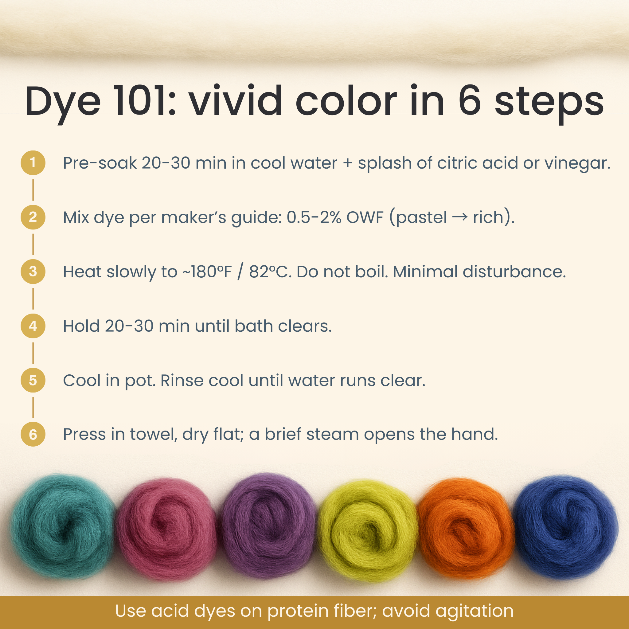 Dye 101 infographic for undyed 19-micron Merino carded sliver—six numbered steps from pre-soak to rinse and steam, with teal, rose, violet, chartreuse, orange, and blue dyed fiber coils along the bottom.